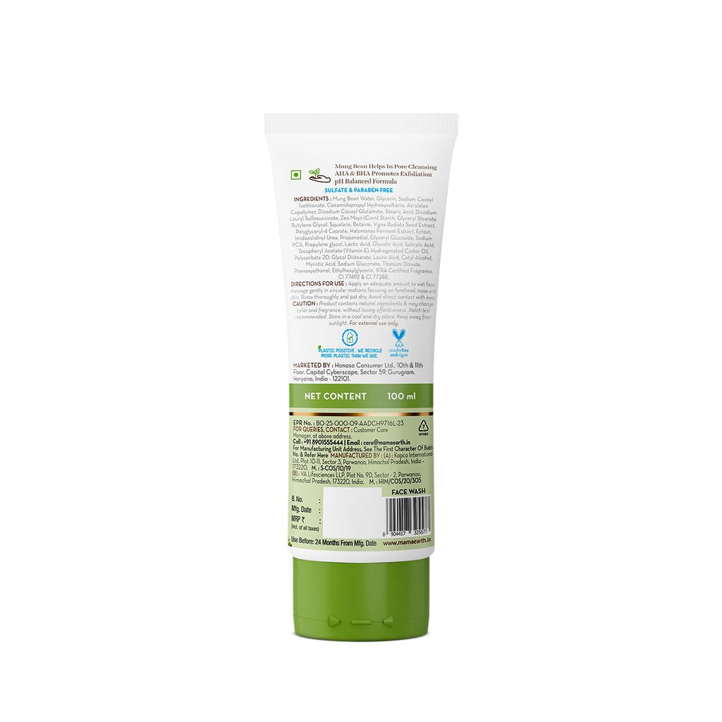 Mamaearth Mung Bean Pore Cleansing Face Wash with Mung Bean, AHA & BHA - 100 ml | For Normal to Oily Skin | India's 1st 100% Soap-Free Face Wash for Deep Pore Cleansing | Made Safe Certified | Oil Control | Tan Removal