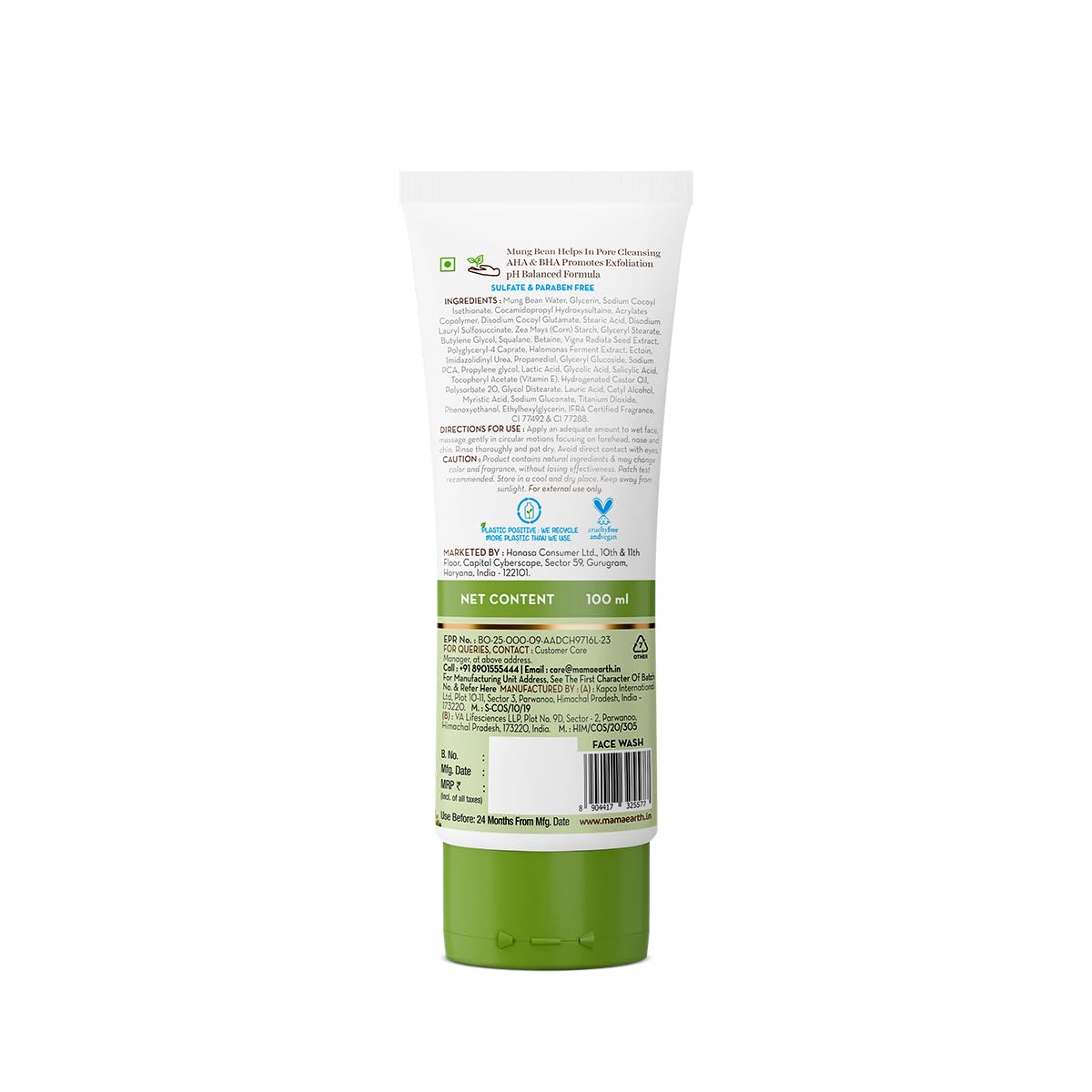 Mamaearth Mung Bean Pore Cleansing Face Wash with Mung Bean, AHA & BHA - 100 ml | For Normal to Oily Skin | India's 1st 100% Soap-Free Face Wash for Deep Pore Cleansing | Made Safe Certified | Oil Control | Tan Removal