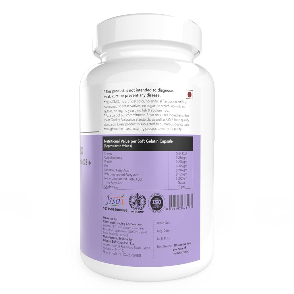 Briyosis Orthomax - Vitamin D3 & K2-M7 + Calcium Dietary Supplement for Bone Health, Stronger Bones, Teeth, Muscles & Immunity Calcium Supplement Absorption