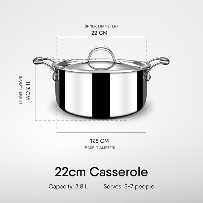 Stahl Triply Stainless Steel Casserole With Glass Lid | Artisan 4122 | 22 Cm | 3.8 Liters