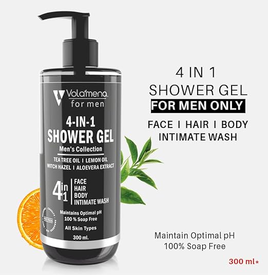 Volamena 4 in 1 Shower Gel Face Body Hair & Intimate Wash for Men - 300 ml