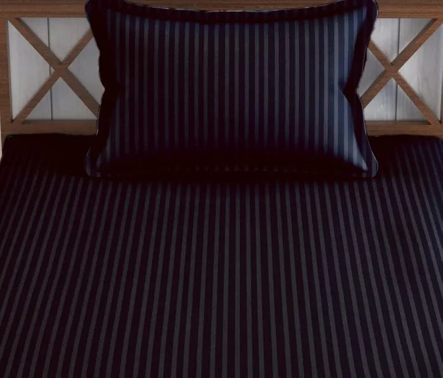 Trance Home Linen Cotton 78X36 Inch Single Fitted 200TC Satin Stripe Elastic Fitted Bedsheet With 1 Pillow Covers Colour Black