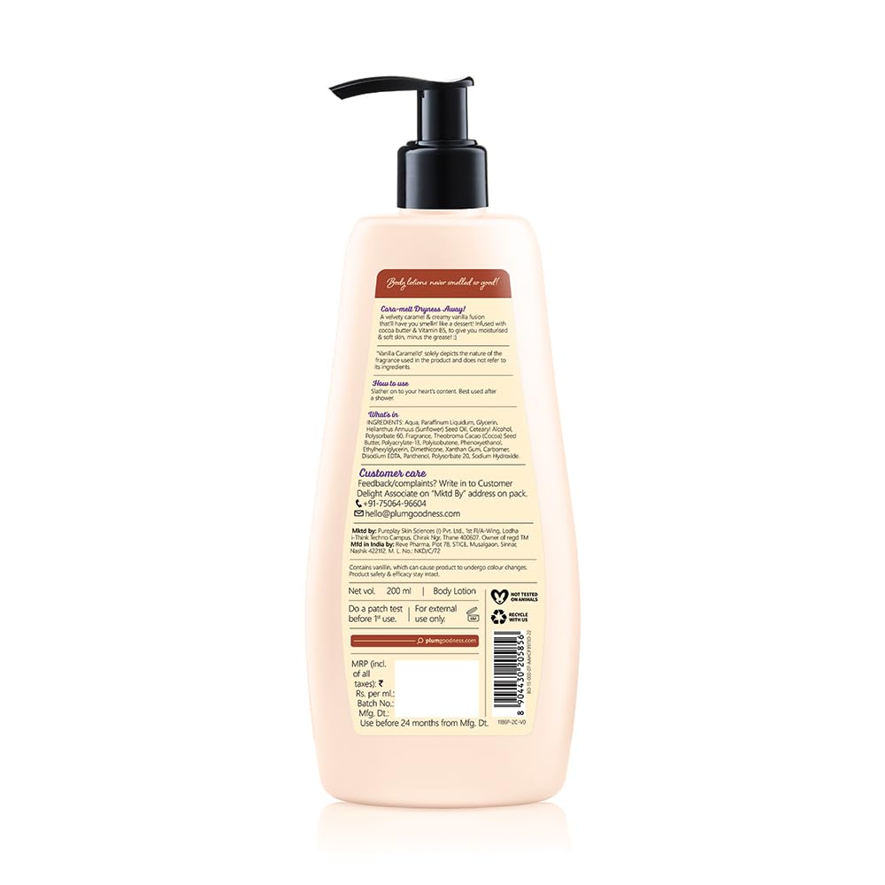 Plum BodyLovin' Vanilla Caramello Body Lotion | Cocoa Butter & Vitamin B5 for Deep Moisturization | Non-Greasy | Soft & Glowing Skin | for Dry to Very Dry Skin | Warm & Cozy Vanilla Fragrance â€“ 200ml | Exclusively Available on Amazon