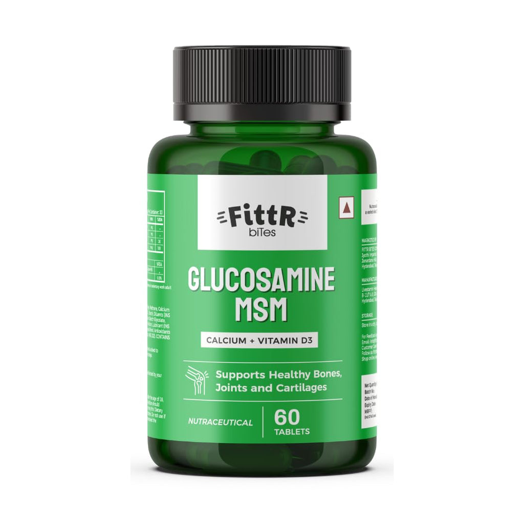 FittR Bites Glucosamine Tablets for Joint Support Supplement| with MSM Calcium & Vitamin D3 | Cartilage and Bone Health supplement, 60 Tablets, (Pack of 1, 60)
