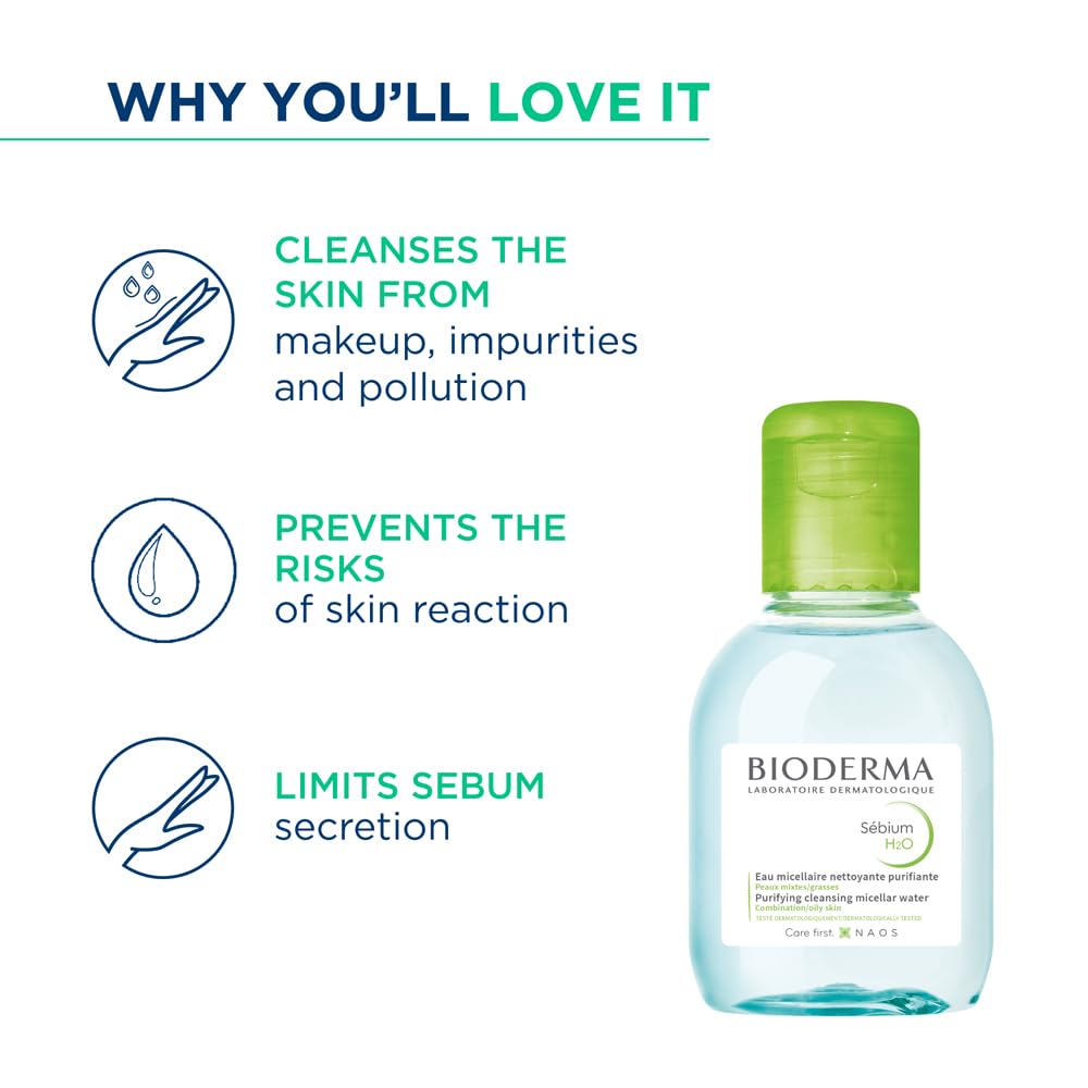 Bioderma Sebium H2O Purifying Micellar Cleansing Water and Makeup Removing Solution with Zinc Gluconate & Copper Sulphate For Combination to Oily Skin 100 ml