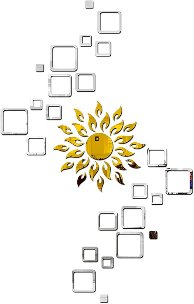 Bikri Kendra Sun Golden with 24 Square 3D Mirror Acrylic Wall Stickers