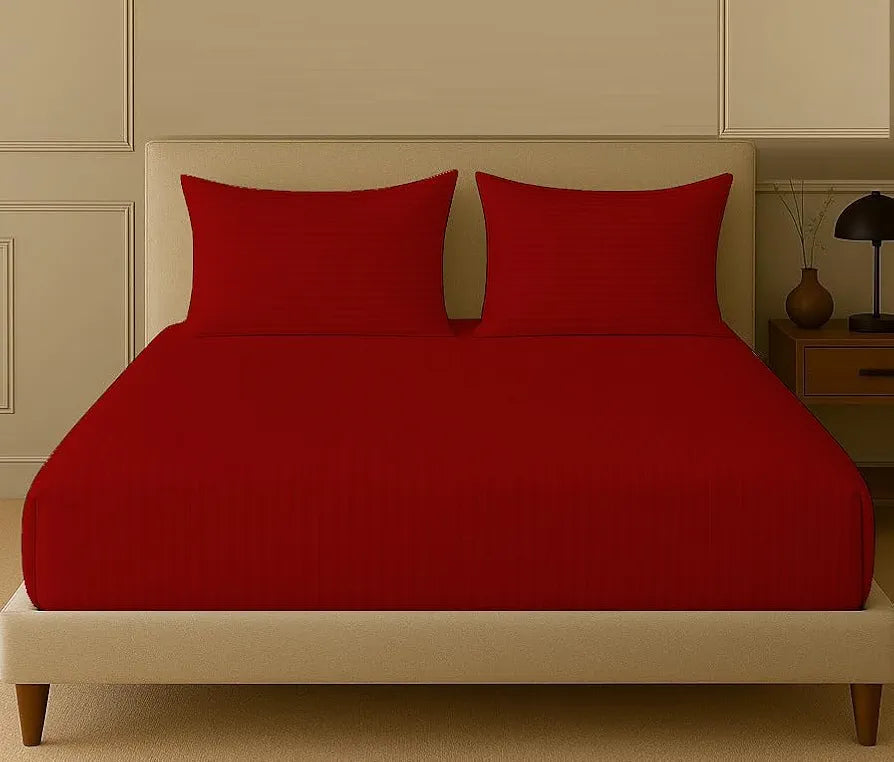 Trance Home Linen 100% Cotton 78x72 inch King Fitted 200TC Satin Stripe Elastic Fitted Bedsheet with 2 Pillow Covers Colour Bright Red