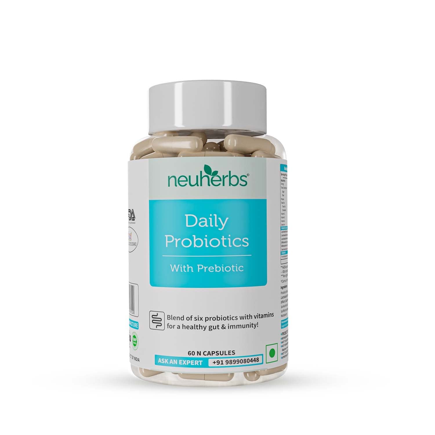 Neuherbs Acidophilus Daily Probiotics with Prebiotic, Blend of six healthy Probiotics (20 Billion CFU) with added Vitamin C, E & Selenium | For Immunity & Gut Health, Capsules 60 Count for Women & Men