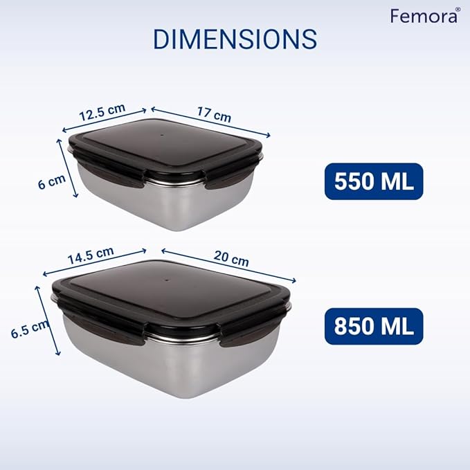 Femora Lunch Box High Steel Rectangle Heavy Duty Airtight Leakproof Unbreakable Storage Container With Lock Lid | 550 Ml, 850 Ml | Set of 2