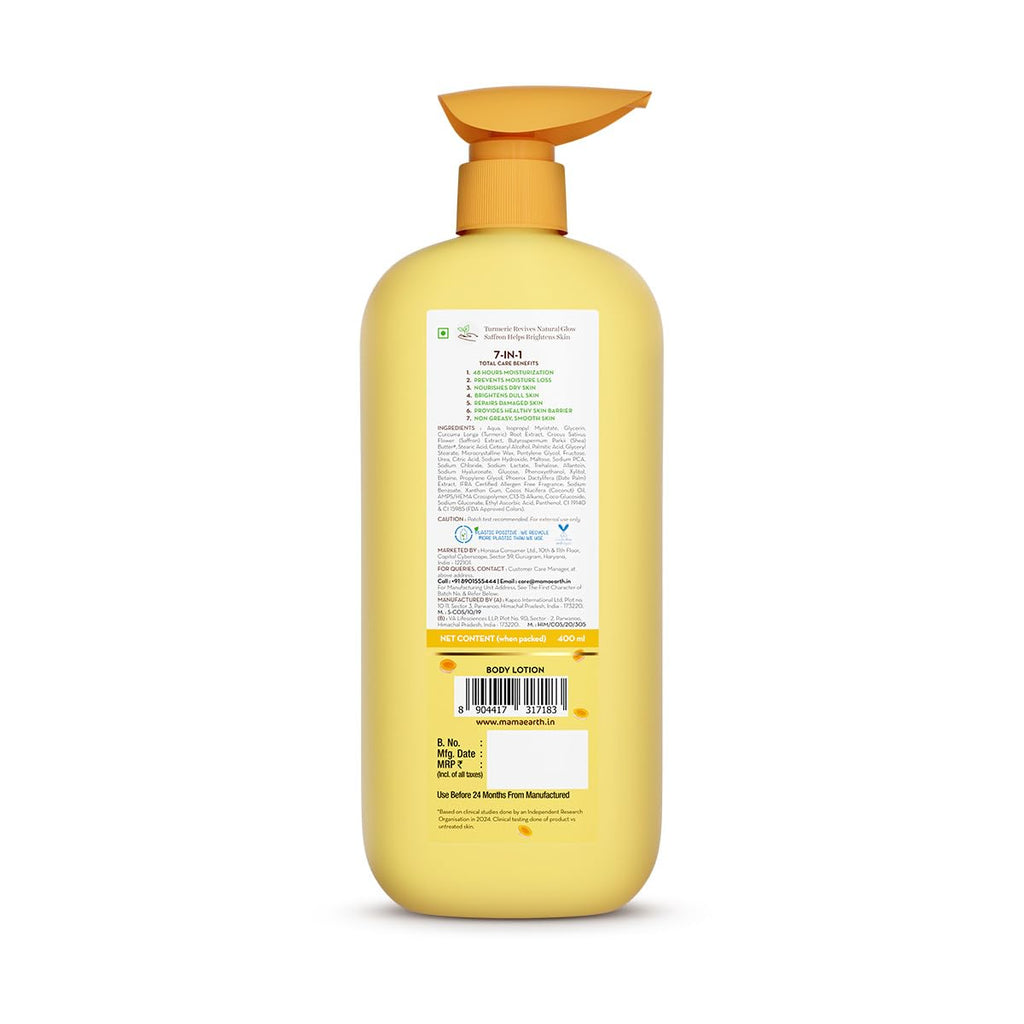 Mamaearth Ubtan Moisturizing Body Lotion with Turmeric & Saffron for Glowing Skin | 48 Hrs Moisturization | Nourishes Dry Skin | 7 in1 Total Care | 100% Natural Butter | Non-Greasy Smooth Skin | 400 ml