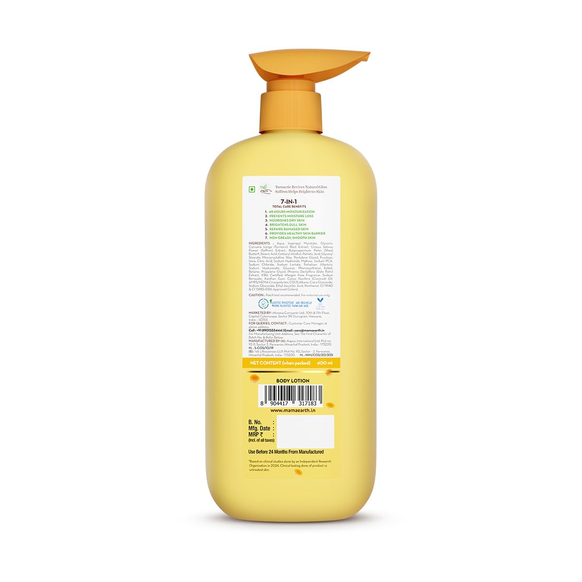 Mamaearth Ubtan Moisturizing Body Lotion with Turmeric & Saffron for Glowing Skin | 48 Hrs Moisturization | Nourishes Dry Skin | 7 in1 Total Care | 100% Natural Butter | Non-Greasy Smooth Skin | 400 ml