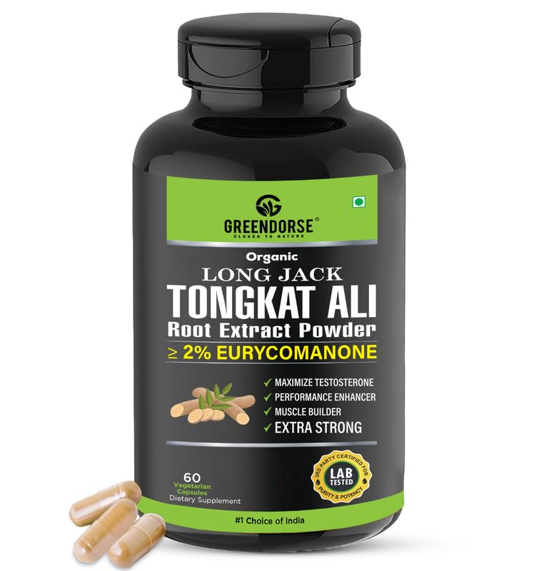 GREENDORSE Organic Tongkat Ali Extract Capsules | 2% Eurycomanone by HPTLC | Enhanced T level, Stamina and Stress tolerance, Veg Capsules-60