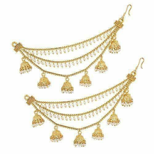 Gold-Polished Long Hair Chain with with Small White Beads