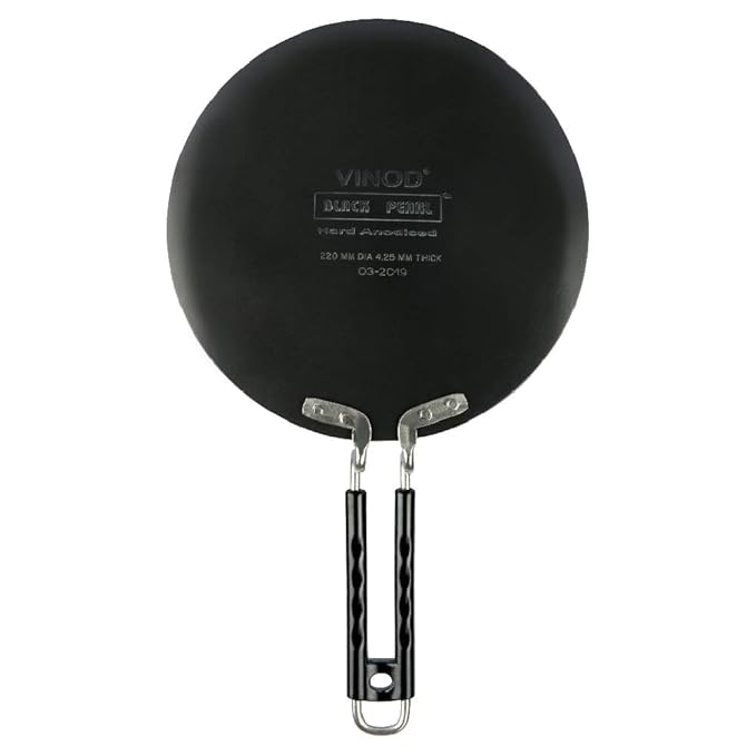 Vinod Black Pearl Hard Anodised Tawa - 22 cm | 4.25mm Thickness | Metal Spoon Friendly | Riveted Sturdy Handle