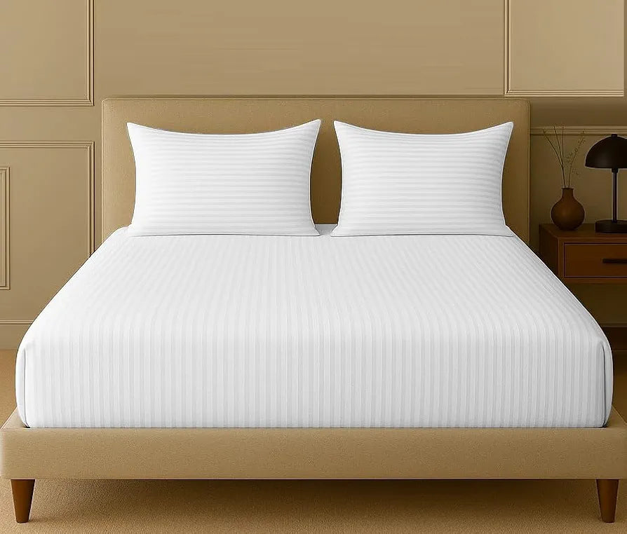 Trance Home Linen 100% Cotton 78x72 inch King Fitted 200TC Satin Stripe Elastic Fitted Bedsheet Bedroom Bedspread with 2 Pillow Covers 78"x72" | 6.5x6 feet Colour White