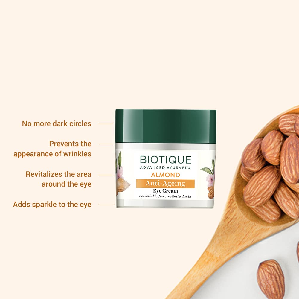 Biotique Almond Anti-Ageing Eye Cream| Ayurvedic and Organically Pure| Under Eye Cream for Dark Circles| Reduces Puffiness and Wrinkles |100% Botanical Extracts| Suitable for All Skin Types | 15gm