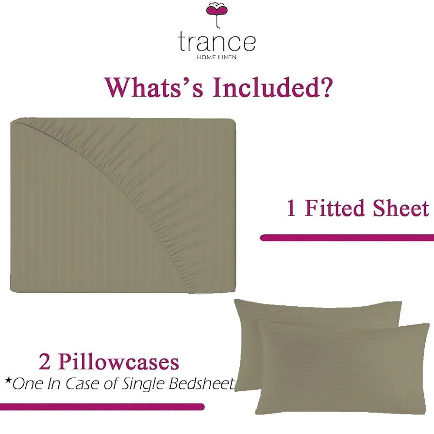 Trance Home Linen 100% Cotton 78x72 inch King Fitted 200TC Satin Stripe Elastic Fitted Bedsheet with 2 Pillow Covers Colour Brown Grey