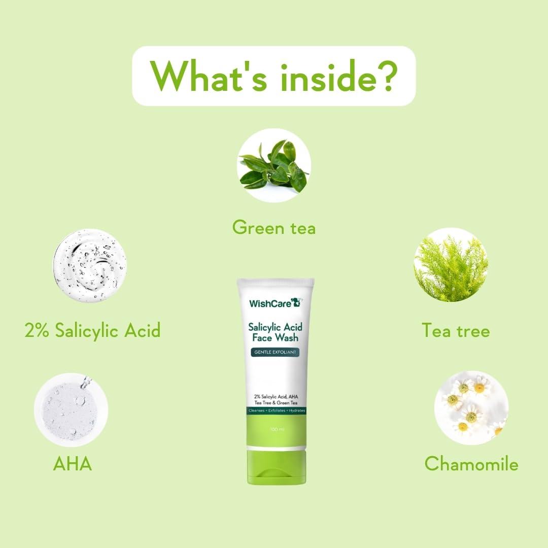 WishCare Salicylic Acid Face Wash For Women & Men | Reduces Acne & Controls Oil | With AHA, Green Tea, Chamomile & Tea Tree | Salicylic Acid Face Wash For Oily Skin & Acne Prone Skin | 100ml