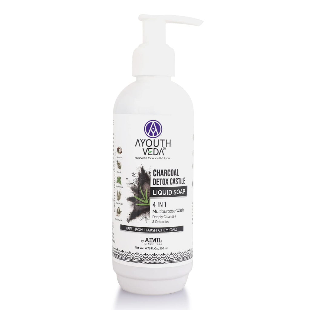 Ayouthveda Charcoal Detox Castile Liquid Soap 4 in 1 | Multipurpose Wash for Face & Body | Deeply Cleanses & Detoxifies Skin | Germ Protection Wash (Pack of 1-200ml)