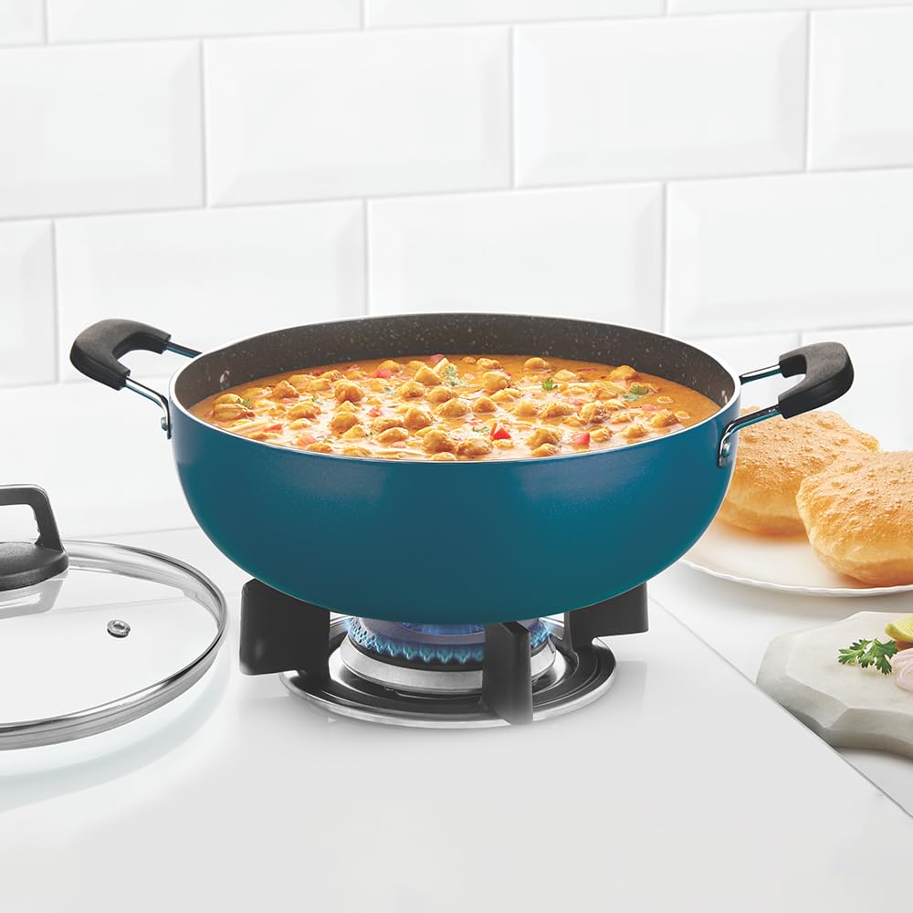 Borosil Prochef Non-stick Aluminum Kadhai With Lid 22 Cm | Gas Stove Compatible, Thick Uniform Body for Even Heating, Dishwasher Safe | 5 Layer Nonstick Coating