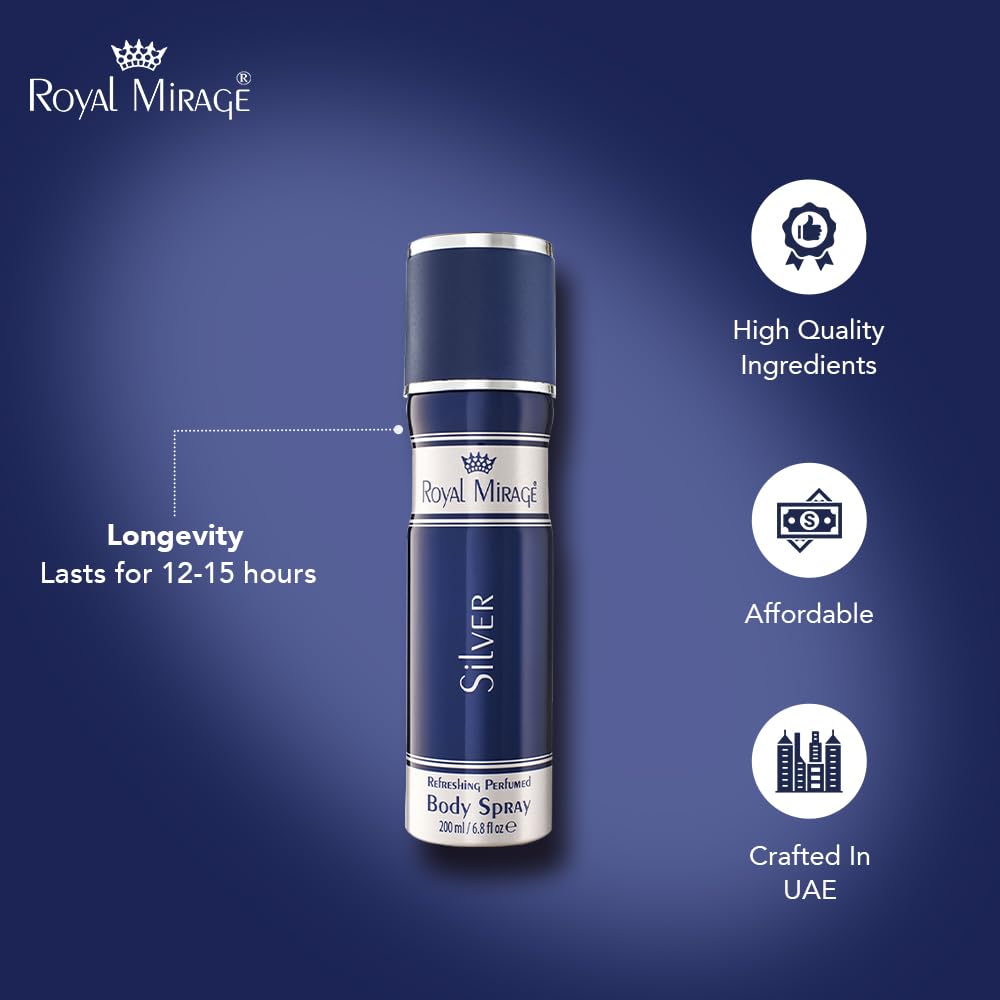 Royal Mirage Silver Body Spray | All-Day Freshness | Unisex Perfume | Timeless Sophistication | Long-Lasting Fragrance | Citrus, Floral & Woody Notes | Affordable Luxury | 200ml