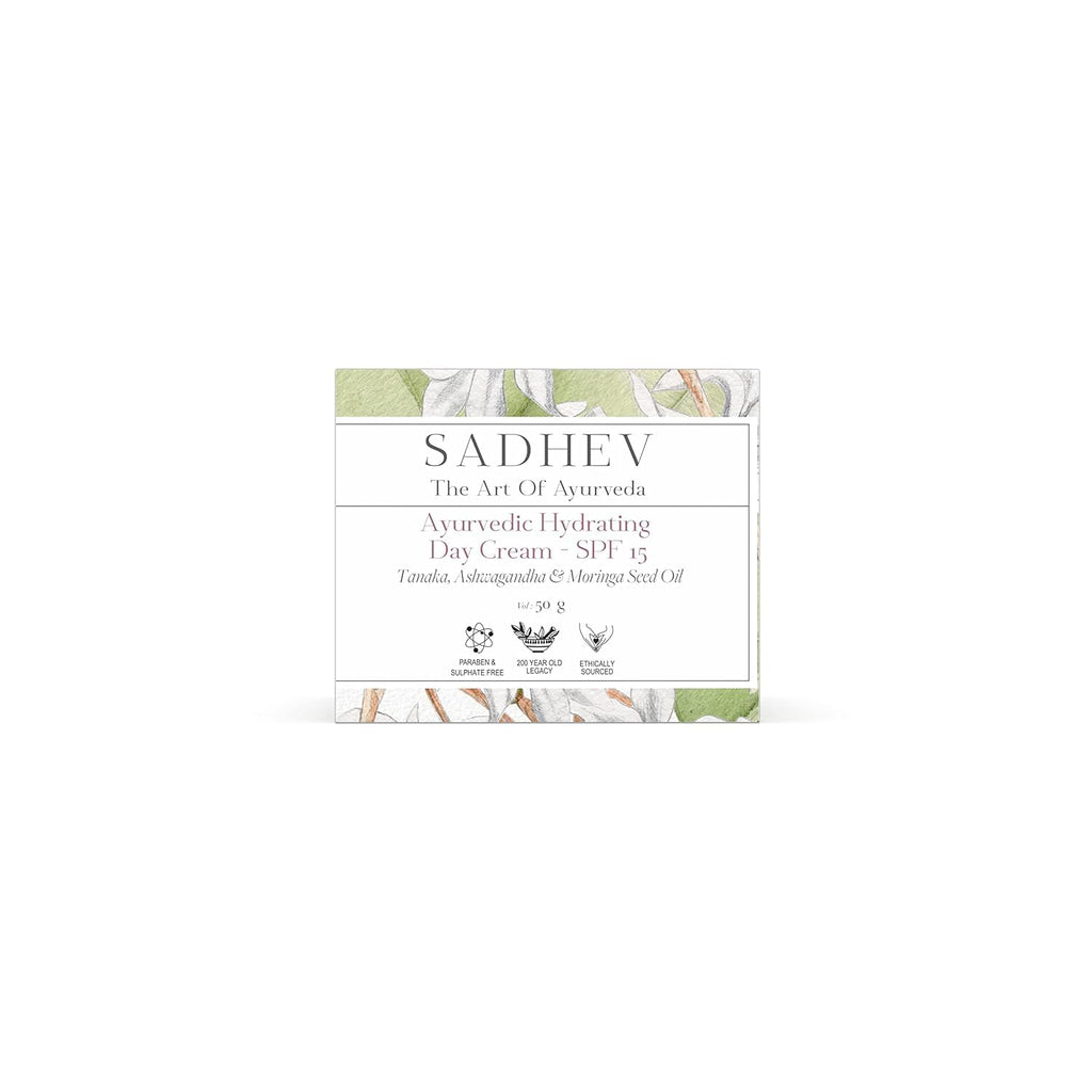 Sadhev Ayurvedic Hydrating Day Cream SPF 15 with Goodness of Tanaka, Ashwagandha & Moringa Seed Oil - 50gm (Pack of 1)_GWP