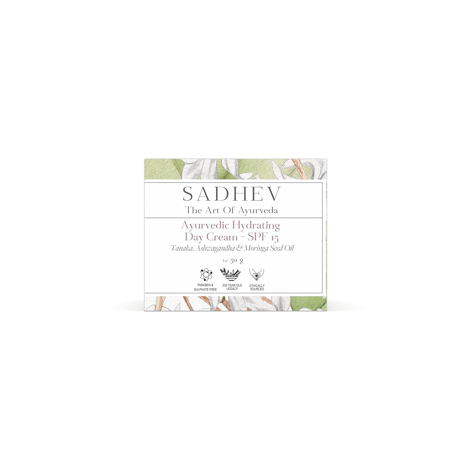 Sadhev Ayurvedic Hydrating Day Cream SPF 15 with Goodness of Tanaka, Ashwagandha & Moringa Seed Oil - 50gm (Pack of 1)_GWP