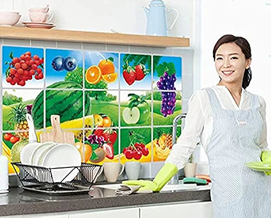 Jaamso Royals Multi Fruits and Vegetable Oil Proof Vinyl Aluminium Foil Kitchen Tile Wall Sticker Fruit vegetable