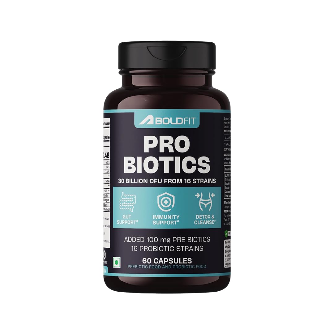 Boldfit Probiotics 30 Billion CFU with 16 Strains and Prebiotics for Gut Cleanse Detox Digestive Health Bloating Relief Constipation Probiotic Supplement for Men and Women Supports Immunity Booster - 60 Veg Capsules