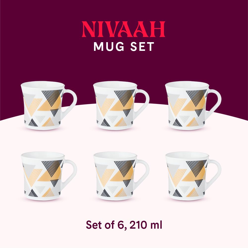 Larah by Borosil Nivaah Opalware Mug | Set of 6 Pcs Tea/coffee Mugs | 210 Ml Each