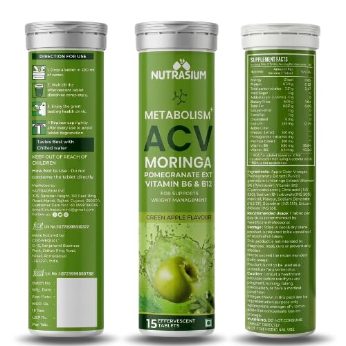 Nutrasium ACV Moringa Metabolism Plus | Apple Cider Vinegar Effervescent Tablet | For Supports Weight Loss, Control Cravings, Convert Fat Into Energy, Boost Energy & Immunity | 15 Tablets Green Apple