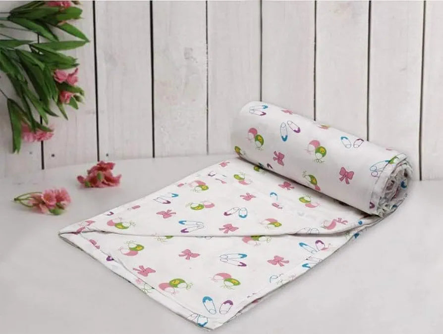 Trance Home Linen Pure Malmal Cotton Multipurpose Baby Dohar 3-Layered Baby Swaddle Soft Blanket Colour Pins & Bow