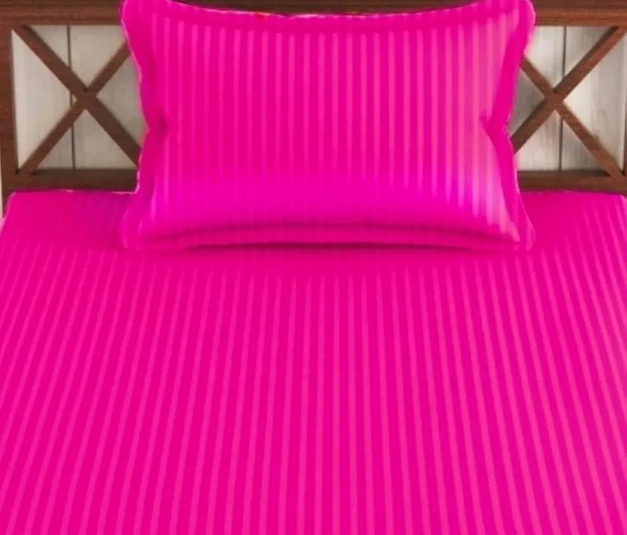 Trance Home Linen 100% Cotton 78x36 inch Single Fitted 200TC Satin Stripe Elastic Fitted Bedsheet with 1 Pillow Covers Colour Dark Pink