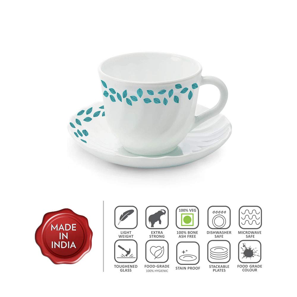 Larah by Borosil Blue Leaves Opalware Cup and Saucer Set of 12 Pcs | Tea/coffee Cups | 220 Ml Each