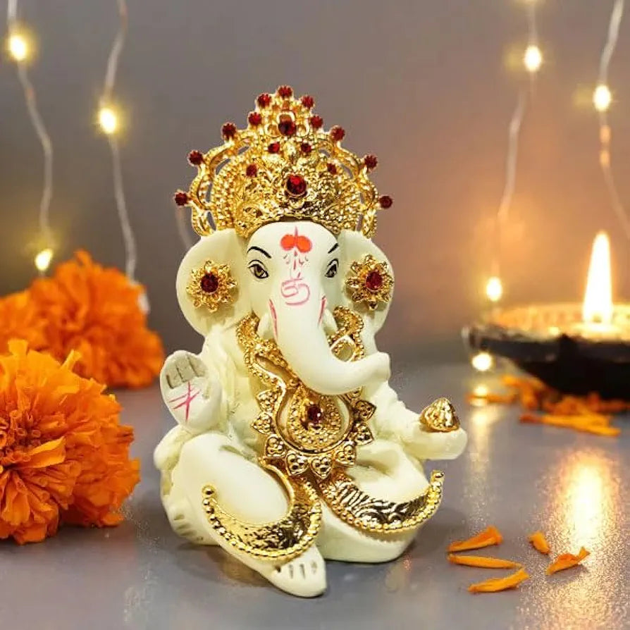 CraftVatika Ganesh Idol Murti Statue for Car Dashboard Ceramic Terracotta Gold Plated Cream