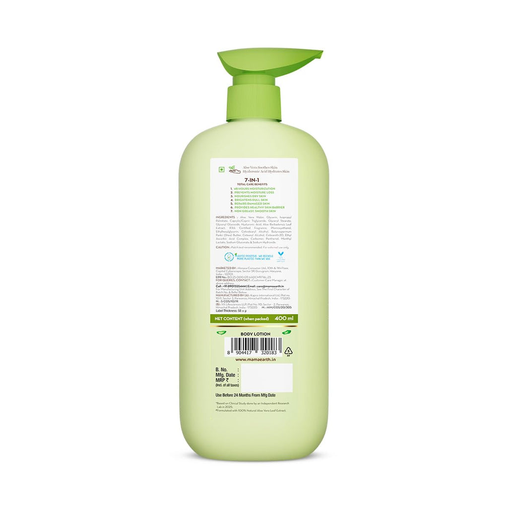Mamaearth Aloe Refresh Hydrating Body Lotion with Aloe Vera & HA for Soft Soothed Skin 400ml | 48H Moisturization in Summer| 100% Natural Aloe Vera| Lightweight, Non-Sticky Smooth Skin| All Skin Types