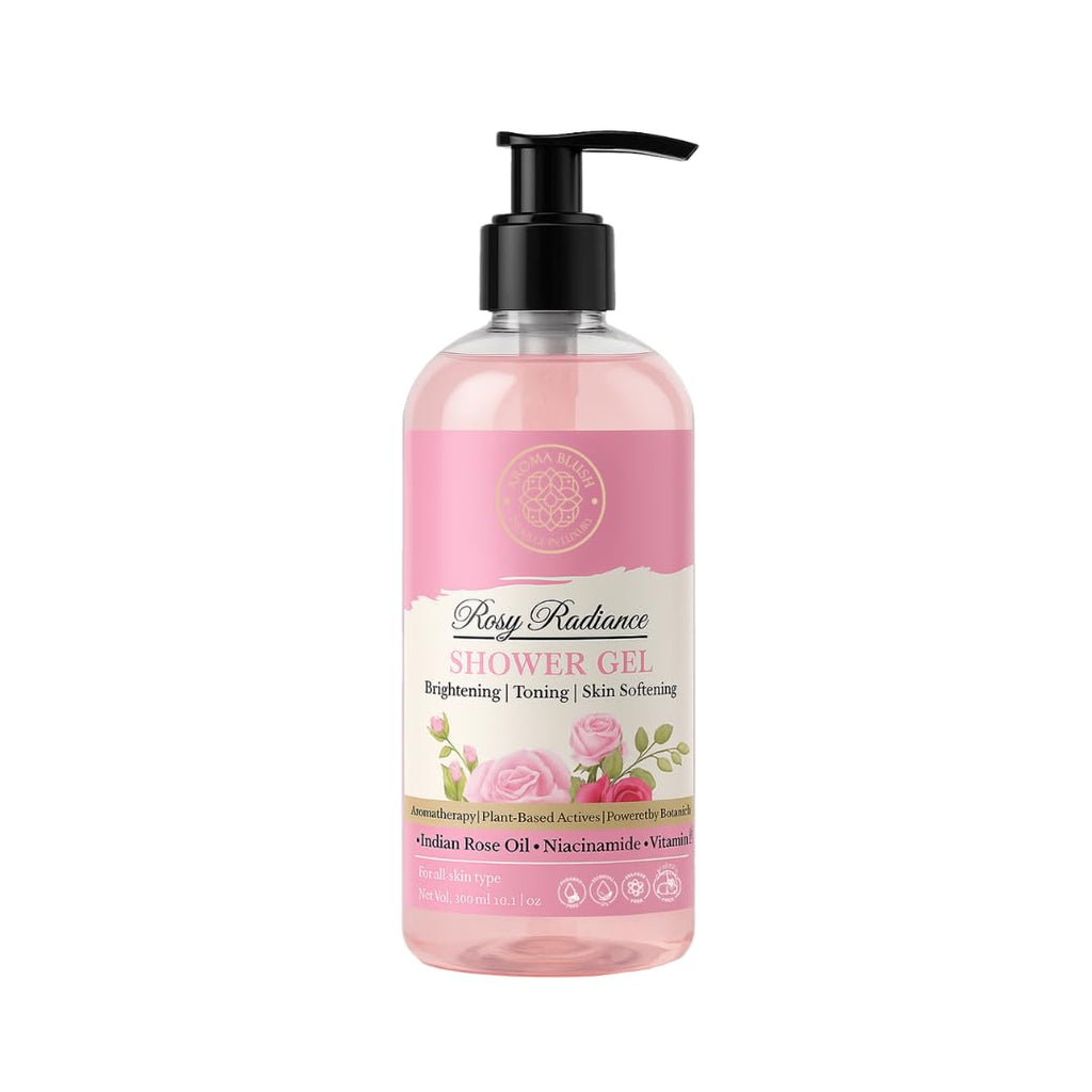 Aromablush - Rosy Radiance Shower Gel | Indian Rose Oil, Niacinamide, Vitamin E | Brightening & Hydrating | Floral Fragrance & Gentle Cleanse | Sulfate-Free & Paraben-Free | All Skin Types | 300ml