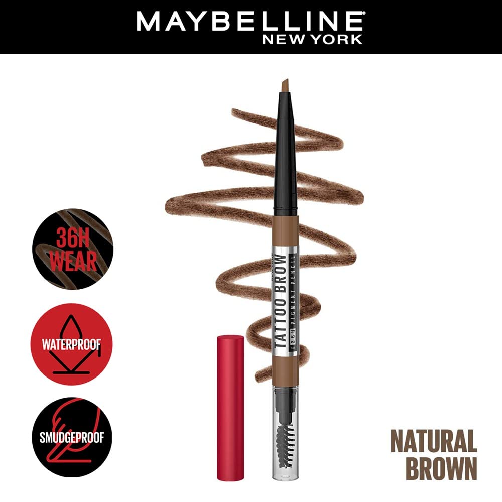 Maybelline New York Tattoo Brow 36h Brow Pencil - Natural Brown, Creamy Powder Texture, Precision Tip. Maybelline New York Tattoo Brow Eyebrow Pencil Lasts Up To 36Hr, Smudge & Water-proof | 0.25 g