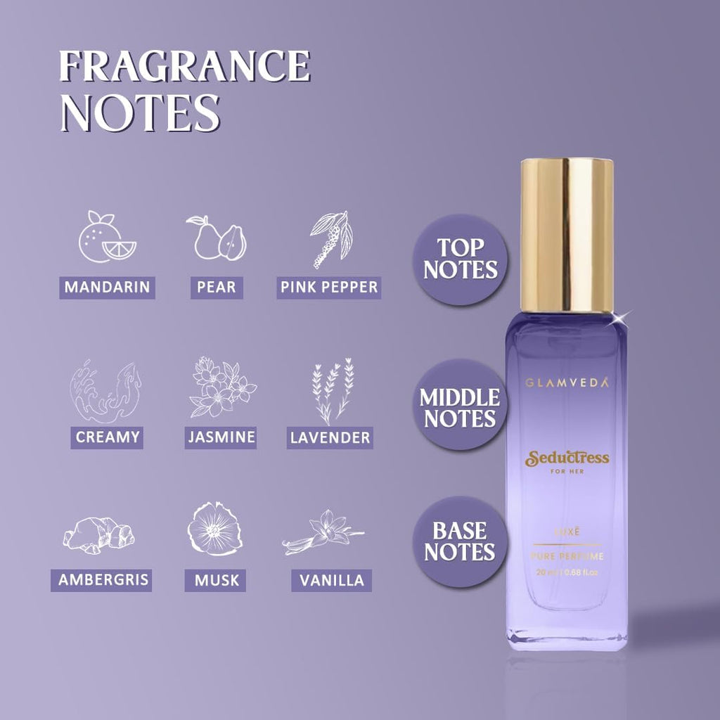 Glamveda Seductress Luxury Pure Perfume for Woman 20ml | Long-Lasting Fragrance | with Pink Pepper, Jasmine, Ambergris, Musk and Vanilla | Floral & Fruity Premium Perfume for Women