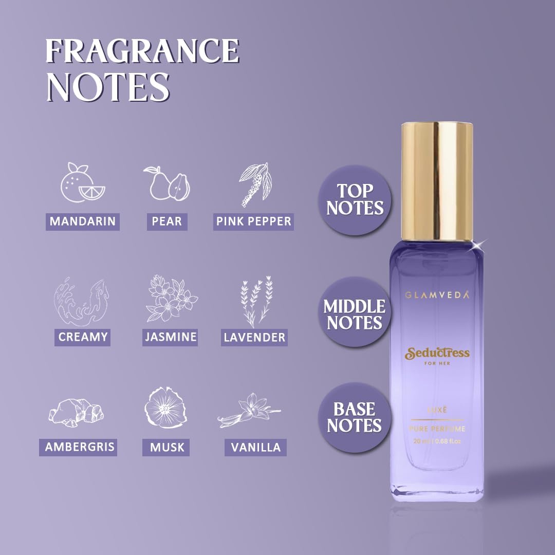 Glamveda Seductress Luxury Pure Perfume for Woman 20ml | Long-Lasting Fragrance | with Pink Pepper, Jasmine, Ambergris, Musk and Vanilla | Floral & Fruity Premium Perfume for Women
