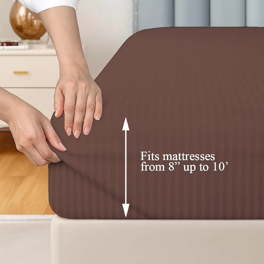 Trance Home Linen 100% Cotton 78x66 inch 200TC Satin Stripe Elastic Fitted Bedsheet Double Bed Fitted Bedspread with 2 Pillow Covers Colour Chocolate Brown