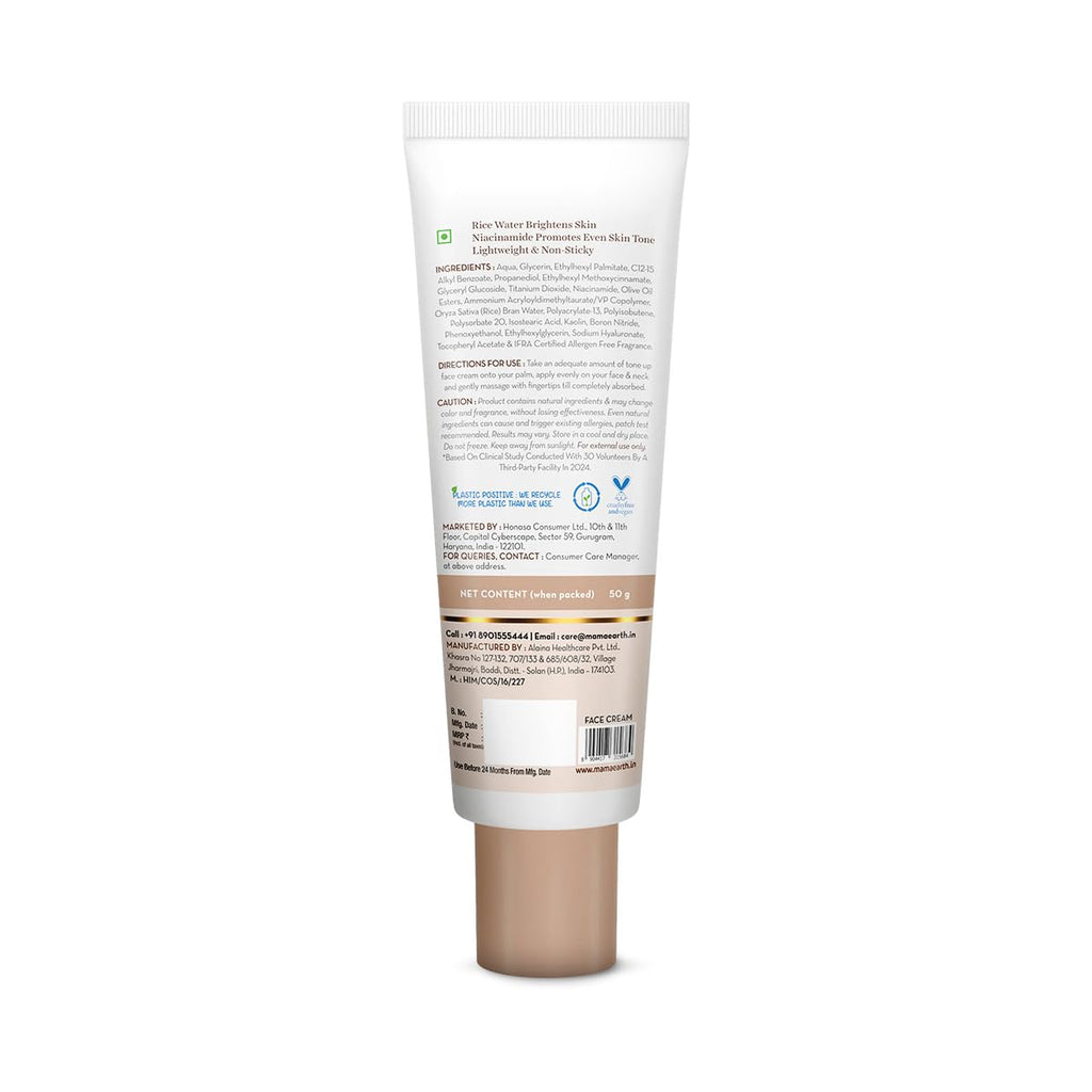 Mamaearth Rice Water Tone Up Face Cream with Rice Water & Niacinamide for Glass Skin 50g | Instantly Brightens | Even Skin Tone | Adds Glow | All Skin Types | Korean Rice Tone Up