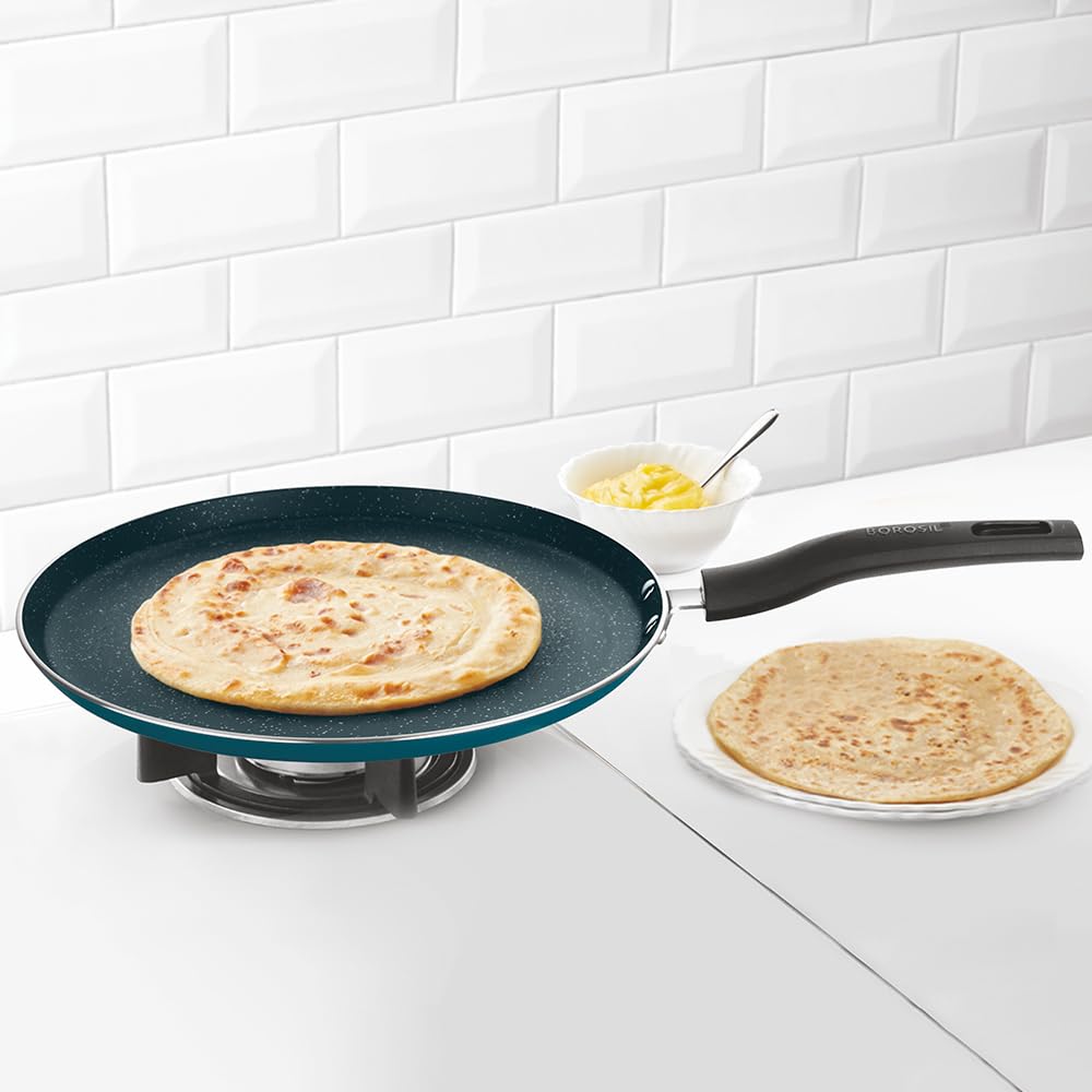 Borosil Prochef Non-stick Aluminum Flat Tawa 30 Cm | Gas Stove Compatible | Thick Uniform Body for Even Heating, Dishwasher Safe | 5 Layer Nonstick Coating