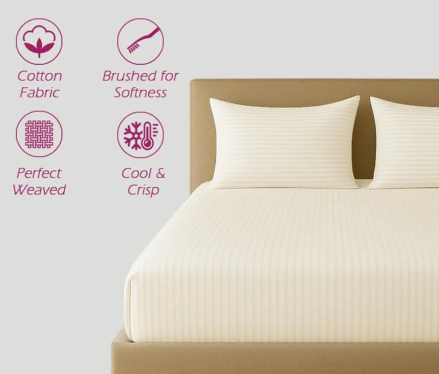Trance Home Linen 100% Cotton 78X72 Inch King Fitted 200Tc Satin Stripe Elastic Fitted Bedsheet With 2 Pillow Covers Colour Light Ivory Cream