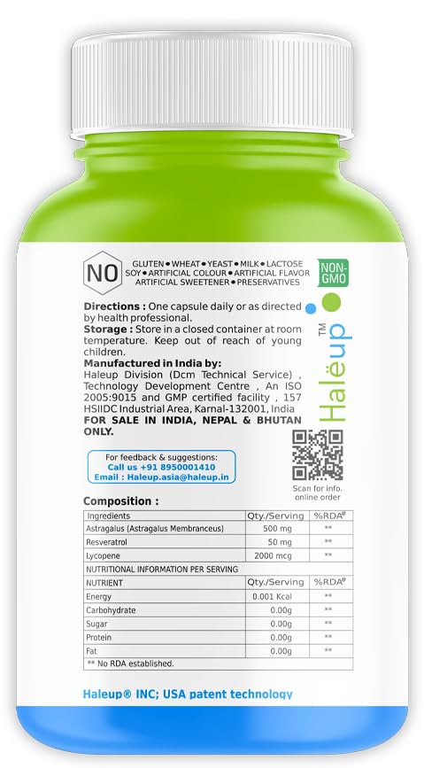 Haleup Astragalus 500 mg || 60 capsules || Enriched with Resveratrol & Lycopene || Heart & Immune Support || Researched in USA (Pack of 1, 60)