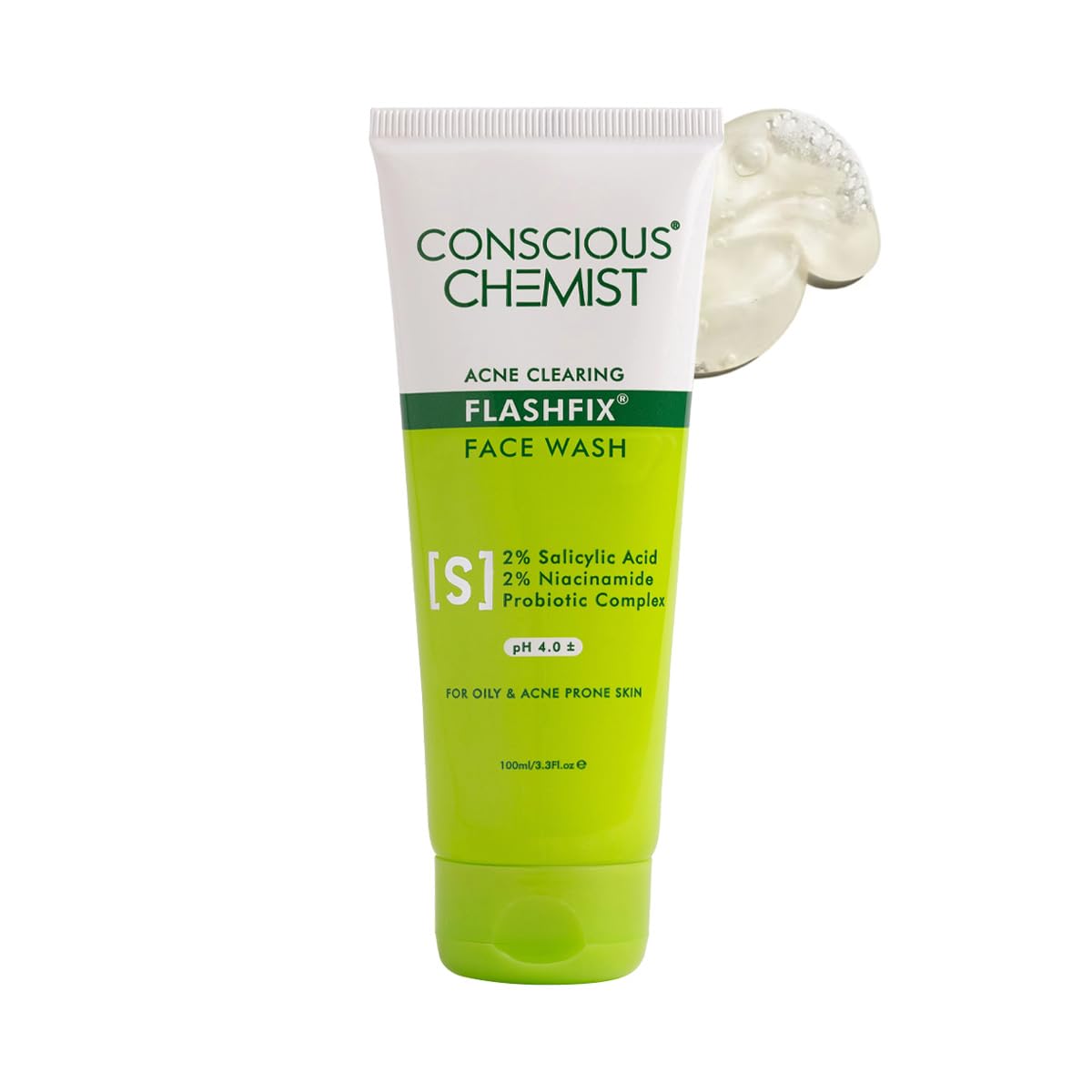 Conscious ChemistÂ® 2% Salicylic Acid Face Wash | 100ml | Face Wash for Oily & Acne Prone Skin for Men & Women, Glycolic Acid & CICA Extract, For Glowing & Radiant Skin, Vegan & Cruelty Free - Flashfix