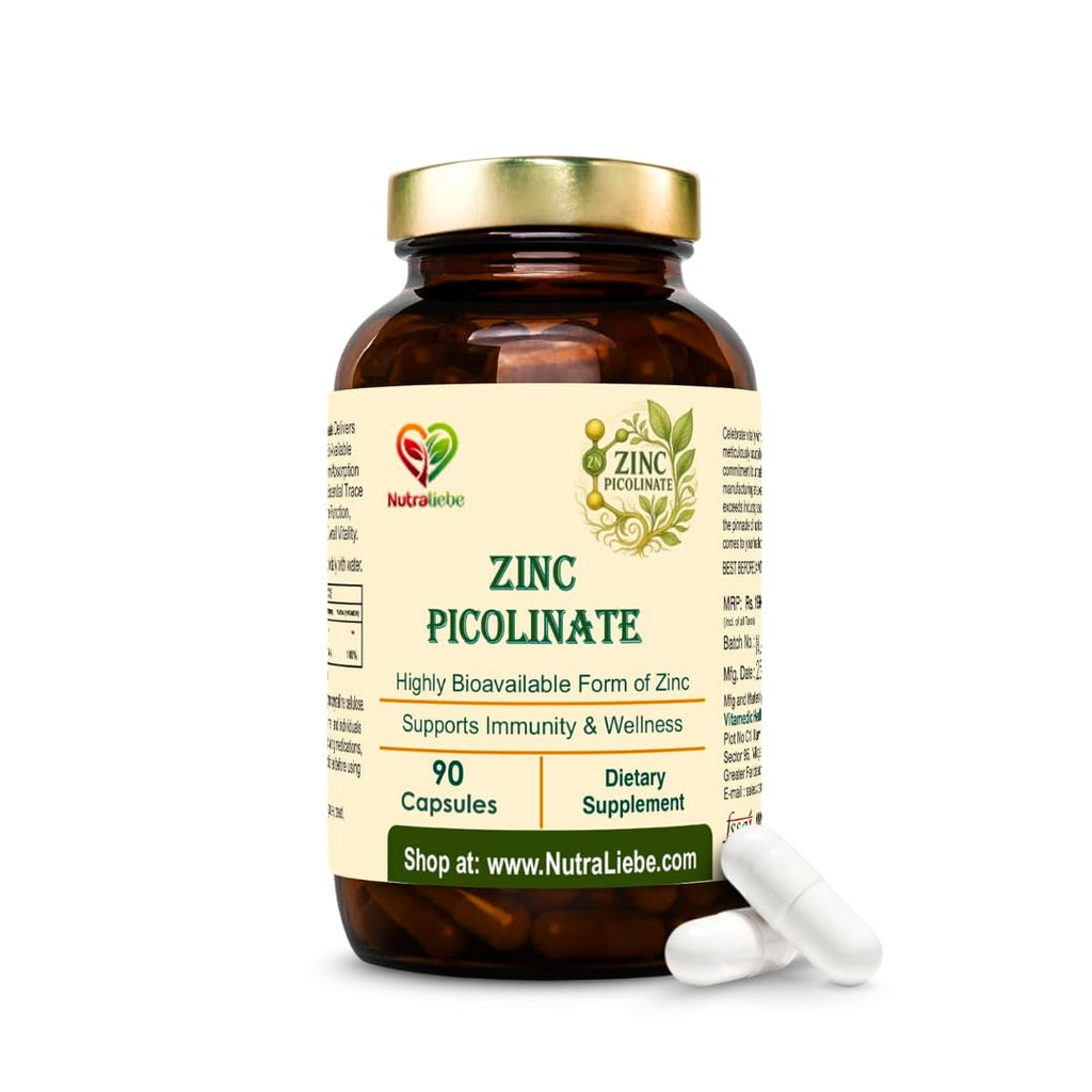 Nutraliebe Zinc Picolinate – High Absorption Chelated Zinc Supplement – Immune Support, Skin & Cellular Wellness – Gentle on Stomach – 90 Vegetarian Capsules