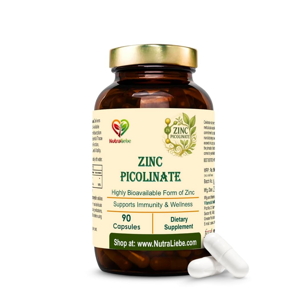 Nutraliebe Zinc Picolinate – High Absorption Chelated Zinc Supplement – Immune Support, Skin & Cellular Wellness – Gentle on Stomach – 90 Vegetarian Capsules