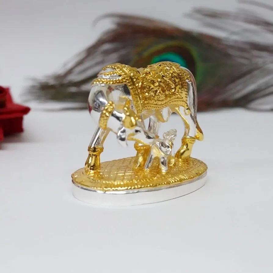 Gold Art India Om Kamdhenu Cow with Calf Idol  Gold Silver Plated
