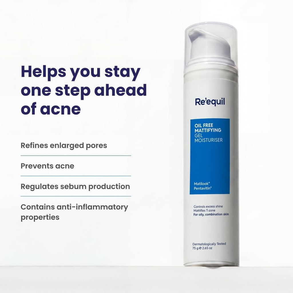 Re'equil Re'equil Oil Free Mattifying Gel Moisturiser | Controls excess oil & shine | Non sticky, non greasy finish | For Oily, Acne Prone Skin | 75 gm